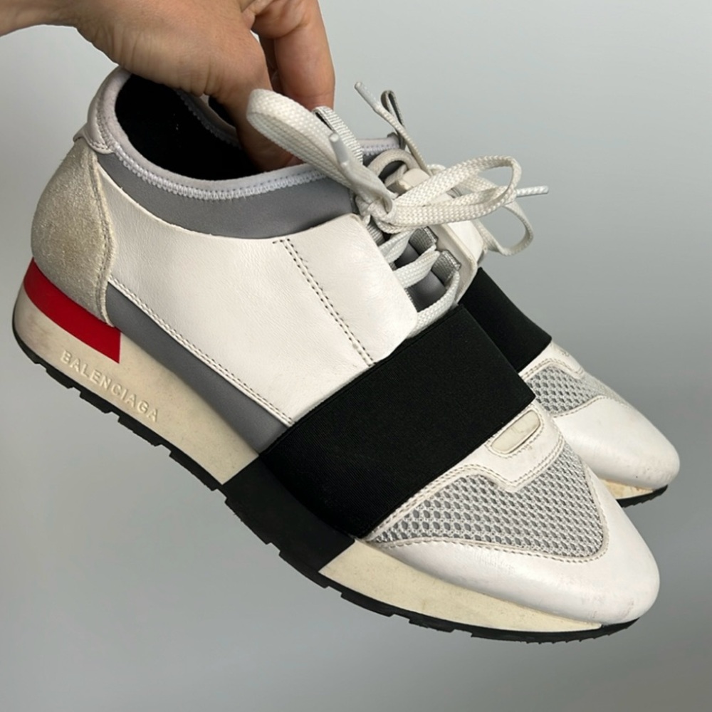 Gently used Balenciaga race runners white red gray black stripes sneakers 36
